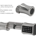 5 In 1 Smart Door Lock For Wooden Doors Offers Dope Keyless Entry With App And Bluetooth Tech To Secure Your Pad Featuring Password And RF Card Access And Magnetic Key Support Plus Emergency Power Interface For No Sweat Unlocking And Peak Home Security close-up of a sleek silver smart lock with keypad.