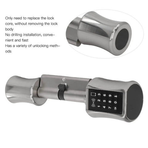 5 In 1 Smart Door Lock For Wooden Doors Offers Dope Keyless Entry With App And Bluetooth Tech To Secure Your Pad Featuring Password And RF Card Access And Magnetic Key Support Plus Emergency Power Interface For No Sweat Unlocking And Peak Home Security close-up of a sleek silver smart lock with keypad.