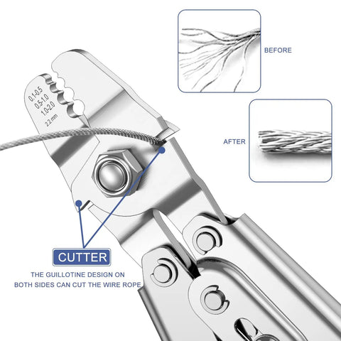Close-up of crimping tool cutting wire from 100Ft Wire Rope Crimping Tool Kit With 304 Stainless Steel Cable 7x7 Strand Core 1.5mm.