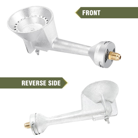 Front and reverse view of High Pressure Cast Iron Propane Burner Head With 0-20 Psi Adjustable Regulator And 4.1 Ft Hose Brass Fitting