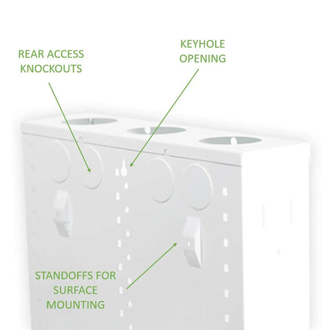 28 Inch In Wall Structured Wiring Enclosure With Screw On Cover For Clean Hidden Wall Install No Mess, detailed rear with knockouts and keyhole.