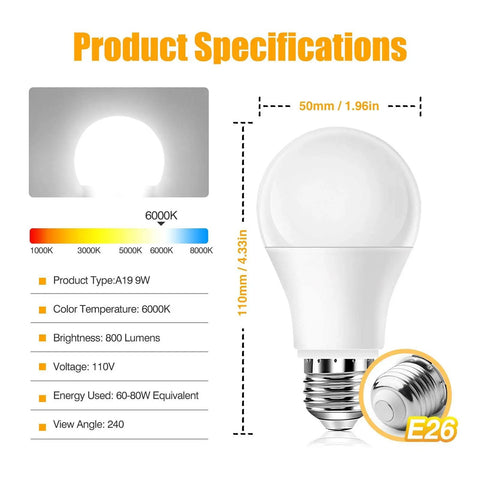 Natural Sunlight LED Bulbs 6000K Full Spectrum A19 9W 60W Equivalent E26 E27 Pack Of 3 For Home Use Bright, Real Daylight Vibe And UV Free Lighting For You product specifications