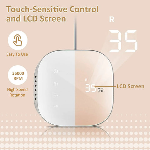 TopShelf Electric Nail Drill Machine With Touch Screen And Lcd Display For Acrylic And Gel Sanding Smooth Ride For Salon Or Home Manicure Sessions Compact Build In Pink close-up of LCD screen displaying speed and controls.