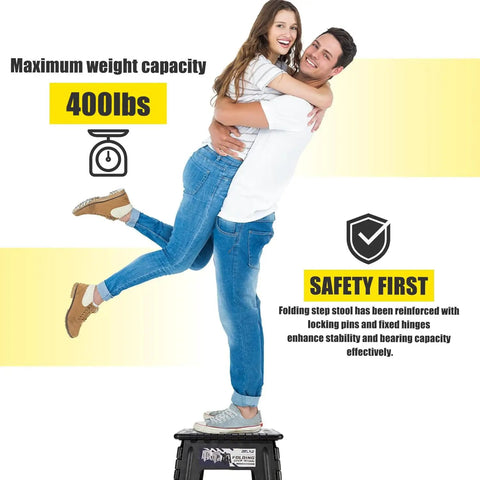Couple standing on 16 Inch Folding Step Stool for Home and Apartment Use, Portable Collapsible Plastic Stool with Non Slip Safety Lock