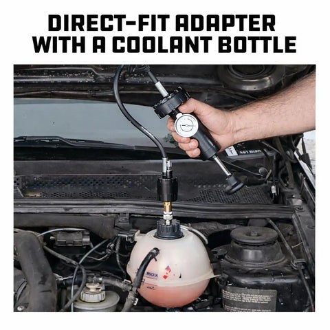 21 Piece Cooling System Pressure Tool Kit With Precision Leak Detection Pump And Universal Expandable Adapters For Cars And Trucks To Handle Any Leak Without Breaking A Sweat - Direct-fit adapter with coolant bottle in use.