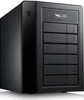 Heavy Duty 60TB External Hard Drive With Thunderbolt 3 And USB 3.2 RAID 6 Direct Attached Storage For 4K Video Editing Setups front view of black rugged housing.