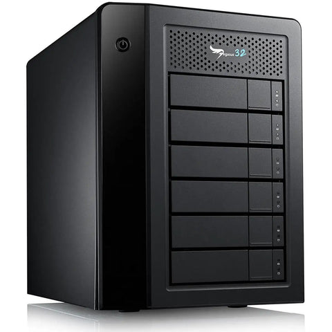 Heavy Duty 60TB External Hard Drive With Thunderbolt 3 And USB 3.2 RAID 6 Direct Attached Storage For 4K Video Editing Setups front view of black rugged housing.