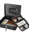 Heavy Duty Metal Cash Box With Lock And Five Compartment Coin Tray, Built To Last Lockbox For Cash, Checks, Passports And Jewelry, 9.84 By 7.87 By 3.54 Inches, Black