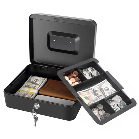 Heavy Duty Metal Cash Box With Lock And Five Compartment Coin Tray, Built To Last Lockbox For Cash, Checks, Passports And Jewelry, 9.84 By 7.87 By 3.54 Inches, Black