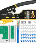 All In One Pass Through RJ45 Crimp Tool Kit With Wire Stripper And Cutter Heavy Duty Crimper For 8P RJ45 Cat5 Cat5e Cat6 Cat6a 6P RJ11 RJ12 Telephone Connectors Network Ethernet Crimping Set For DIY Friendly Pro Installs