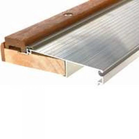 Close-up of TAOC36A Adjustable Aluminum And Oak Sill Threshold For Doors, 3 Ft Long, showing mill finish and weatherproof design.