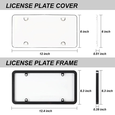 Dimensions of 2Pack Transparent License Plate Cover And Frame Set showing 12x6 and 12.4x6.3 inch sizes, black frame detail