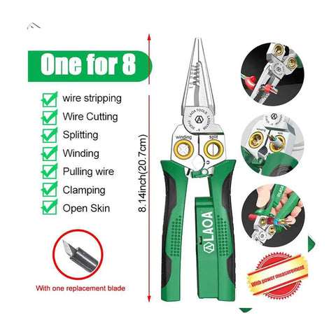 8 In 1 Wire Stripping Pliers With Built In Voltage Tester 12V To 250V, green and black multifunction electrician tool