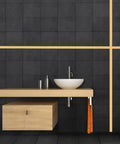 Bathroom with black tiles featuring Molding And Wall Trim With Gold Metalized Mirror Like Finish, Peel And Stick Stainless Steel Self Adhesive Molding Strip, 16.4 Ft Long By 0.8 In Wide, DIY Decor Upgrade For Walls, Cabinets And Floors horizontally and vertically.