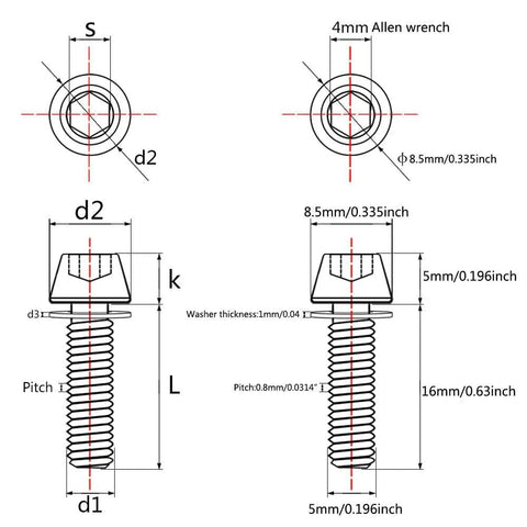 Diagram of Titanium M5x16mm Hex Allen Bike Stem Bolts With Washer Black Finish 6 Pack Ride Ready Pro Grade 5 dimensions