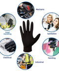 Heavy Duty Black Nitrile Gloves 100 Count Medium Disposable Latex And Powder Free in use for food, sanitation, and industrial tasks.