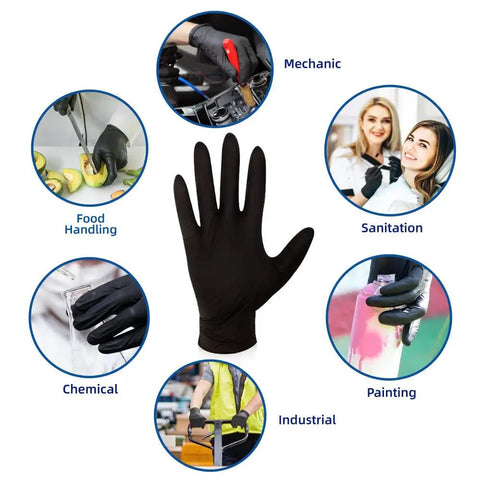 Heavy Duty Black Nitrile Gloves 100 Count Medium Disposable Latex And Powder Free in use for food, sanitation, and industrial tasks.