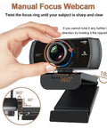 Smooth As Butter 60Fps 1080P HD Webcam With Dual Noise Reducing Mics angled showing manual focus and rotation features.