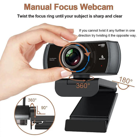 Smooth As Butter 60Fps 1080P HD Webcam With Dual Noise Reducing Mics angled showing manual focus and rotation features.