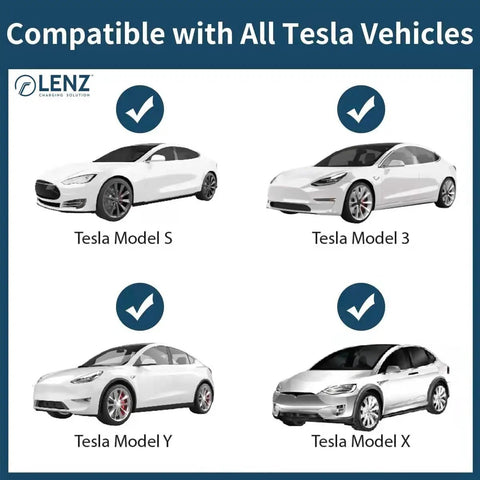 Image of Tesla Model S, Model 3, Model Y, and Model X vehicles, showing compatibility with Trail Tested J1772 To Tesla Charging Adapter Lock.