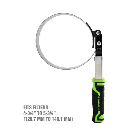 Swivel Oil Filter Wrench For 4-3/4 To 5-3/4 Inch Filters, green padded TPR handle, dimpled steel band grippers, auto tool