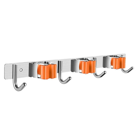 Orange Stainless Steel Broom Mop Holder Wall Mount Organizer With 3 Heavy Duty Racks And 4 Hooks for cleaning tools storage