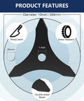 Diagram showing features of Two Pack 10 Inch Three Tooth Brush Cutter Blades Beefed Up Durable Carbon Steel Replacement Trimmer Blade