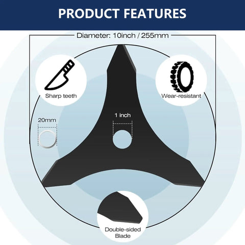 Diagram showing features of Two Pack 10 Inch Three Tooth Brush Cutter Blades Beefed Up Durable Carbon Steel Replacement Trimmer Blade