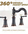 Roman Bathroom Sink Faucet Dope Deck Or Wall Mount With Pop Up Drain Assembly Overflow Deck Plate And Water Supply Lines Included 3 Hole Deck Mount Oil Rubbed Bronze Solid Brass Construction Brushed Finish Sleek Modern Look showing 360-degree swivel spout feature