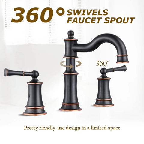 Roman Bathroom Sink Faucet Dope Deck Or Wall Mount With Pop Up Drain Assembly Overflow Deck Plate And Water Supply Lines Included 3 Hole Deck Mount Oil Rubbed Bronze Solid Brass Construction Brushed Finish Sleek Modern Look showing 360-degree swivel spout feature