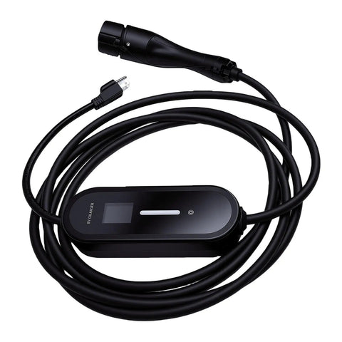 Plug And Play J1772 Level 1 Portable EV Charger Adjustable 6 To 16 Amps weatherproof cord with clear controls.
