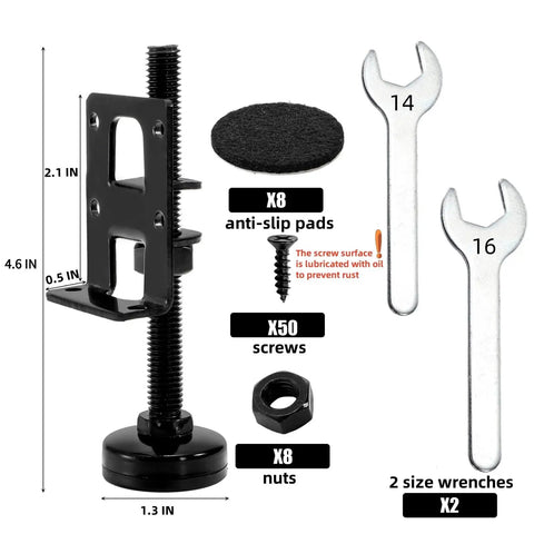 8 Pack Heavy Duty Adjustable Leveling Feet Set With Screws Lock Nuts And Wrench For Workbenches Cabinets Tables Shelves And Furniture Stable Level Anti Slip Pads Easy To Install, showing components and measurements.