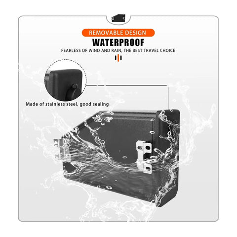 Ride Ready Waterproof Motorcycle Toolbox Left Side Carrying Case With Drop In Storage Pouch showing waterproof design and stainless steel.