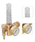 Brass CO2 welding gas regulator with flowmeter and gauge for MIG welding; 0-25 LPM output, 0-3500 psi, 5/8 x 18 male connector.