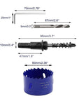 Front view: Luomorgo 2 3/8 in hole saw kit with blue 60 mm cutter, arbor, hex shank adapter; includes Allen key