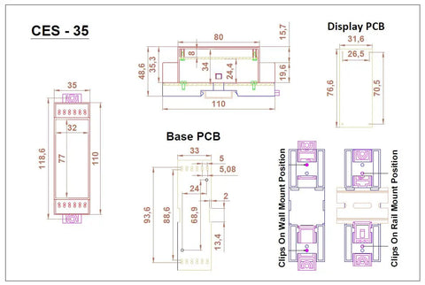 Technical drawing of Low Profile DIN Rail Enclosure For Home Automation And PLC Switch Boxes, ABS Electrical Box with dimensions and clips.