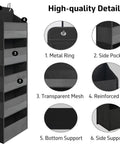 Seven Tier Over Door Hanging Storage Rack With Plentiful Mesh Side Pockets For Closets And Baths details like metal ring and reinforced edge.