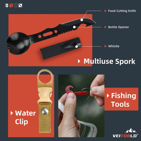 12 In 1 Survival Gear Kit For Outdoorsy Dads And Guys Gift Set Perfect For Fathers Day Fishing Hunting Camping And Adventure Enthusiasts Birthday Gift For Him showing multiuse spork, water clip, and fishing tools