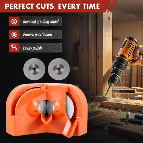 Total Beast Dual Wheel Drill Bit Sharpener Knocks Out Dull Edges On HSS Carbide And Masonry Bits Lightning Fast Portable Diamond Grind Rig with diamond wheels and orange body