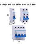 Heavy Duty Dc Circuit Breaker Featuring Digital Timer For Solar Pv Panels And Photovoltaic Installations Rated For 500V To 1000V dimensions and models shown.