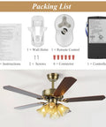 Ceiling Fan Remote Control Kit With 3 Speed Settings And Dimmer, Universal Receiver Compatible With Most Ceiling Fans, Works With Hunter 99122 99123 99600 And Other Brands, Quick Install packing list showing remote, receiver, wall holder, connectors, instructions, and a ceiling fan with light.
