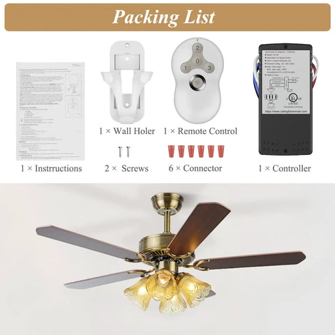 Ceiling Fan Remote Control Kit With 3 Speed Settings And Dimmer, Universal Receiver Compatible With Most Ceiling Fans, Works With Hunter 99122 99123 99600 And Other Brands, Quick Install packing list showing remote, receiver, wall holder, connectors, instructions, and a ceiling fan with light.