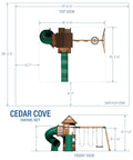 Top and front view diagram of Cedar Cove Wooden Swing Set With Spiral Tube Slide And Wave Slide, Elevated Clubhouse With Balcony.