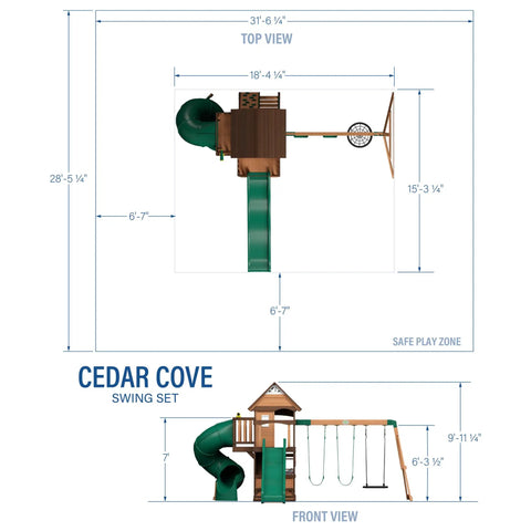Top and front view diagram of Cedar Cove Wooden Swing Set With Spiral Tube Slide And Wave Slide, Elevated Clubhouse With Balcony.
