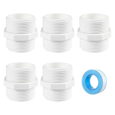 Five Pack 1-1/2 Inch PVC Pipe Fittings Hex Nipple G1-1/2 X G1-1/2 Male Thread Coupling Connector Kit with 10m Sealing Tape