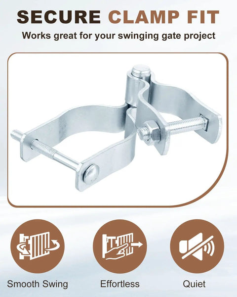 Four Piece Chain Link Fence Gate Hinge Kit With Galvanized Steel Male Post And Female Frame Hinges Fits 2 3/8 Inch OD Male Pipe and 1 3/8 Inch OD Female, clamp-fit gate hinge