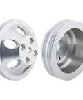 Beefy Lightweight Aluminum Pulley Set For Long Water Pump With 1 Groove Upper And 2 Groove Lower V Belt Design For 1969 To 1985 Small Block Chevy SBC Includes Single Groove Water Pump Pulley And Double Groove Crank Pulley.