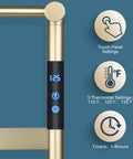 Close-up of Brushed Gold 4 Bar Heated Towel Rack Wall Mount Electric Towel Warmer control panel with thermostat settings and timer options.