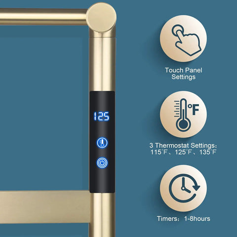 Close-up of Brushed Gold 4 Bar Heated Towel Rack Wall Mount Electric Towel Warmer control panel with thermostat settings and timer options.