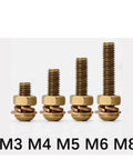 Premium Brass Screw Nut Kit Featuring Pan Head Phillips Fasteners With Washers For Metalworking Projects In M3 To M6 Sizes, showing various sizes of brass fasteners.